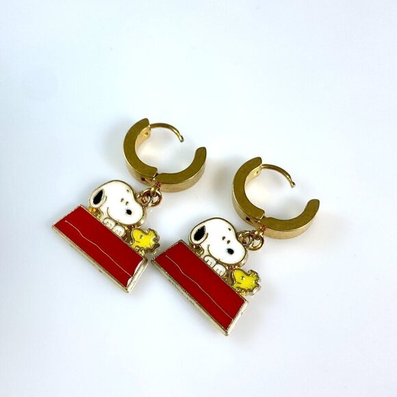 Snoopy Dog & Woodstock on Stainless Steel Huggie Hoop Earrings - Picture 2 of 9